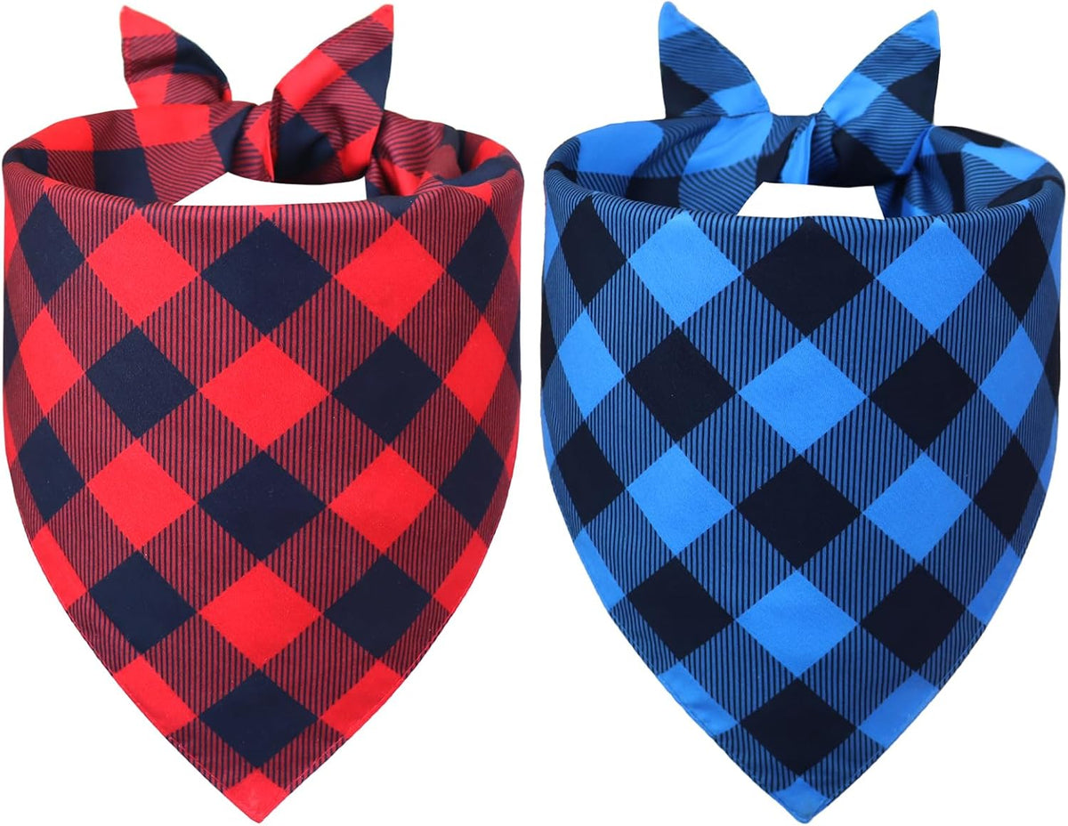 Plaid Dog Bandanas 2-Pack for Small Dogs, Red-Black & Blue-Black Buffalo Check Set - Adjustable