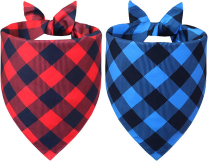 Plaid Dog Bandanas 2-Pack for Small Dogs, Red-Black & Blue-Black Buffalo Check Set - Adjustable