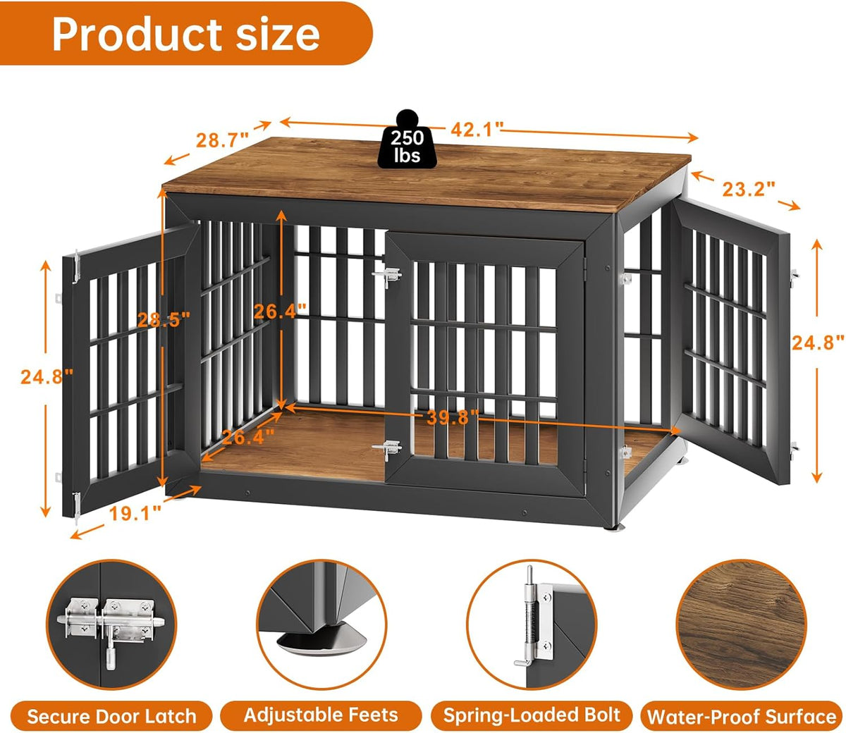42" Heavy Duty Dog Crate Furniture for Small,Medium and Large Dogs,Rustic Wooden Dog Cage Kennel