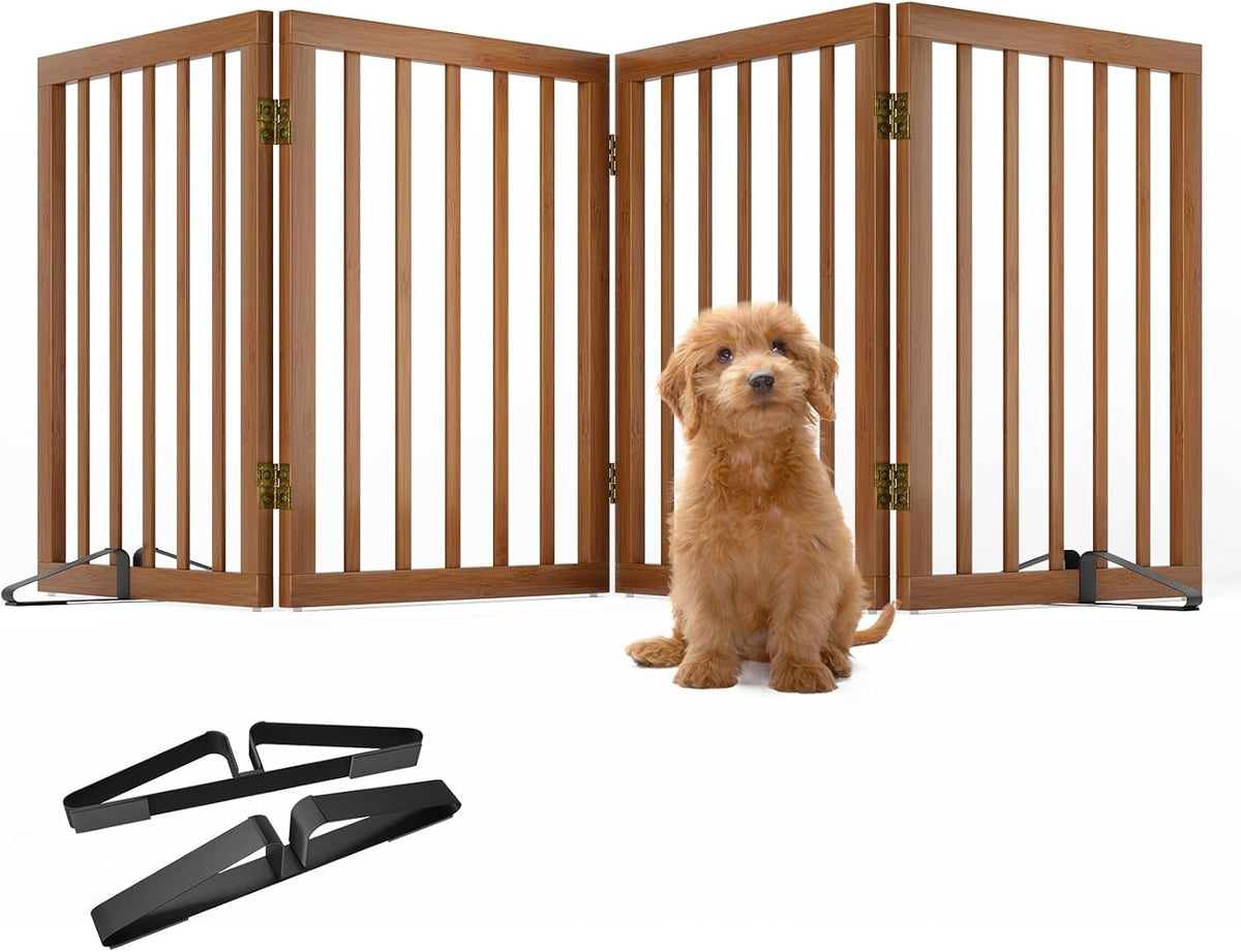 Freestanding Pet Gate Foldable 4 Panel Dog Gate Walnut Dog Gates for Stair Doorways House Indoor (2