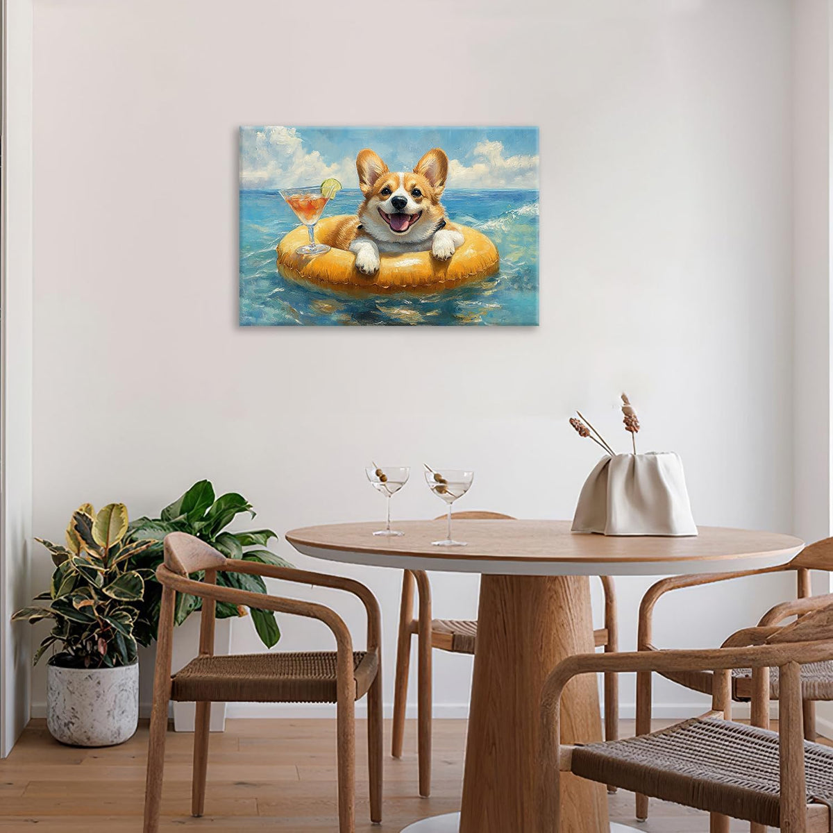 Ocean Funny Corgi Dog Pictures Wall Art, Bathroom Cute Dog Wall Decor Sea Coastal Framed Painting