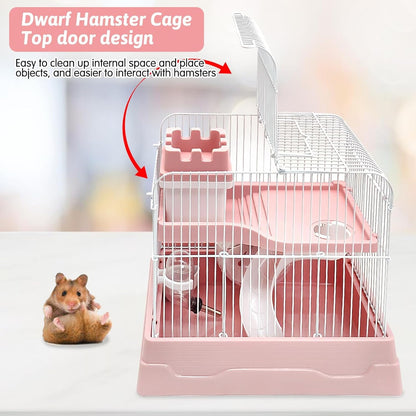 PINVNBY 2-Tier Dwarf Hamster Cage, Travel Portable Mouse Cage Gerbil Cages and Habitats Small