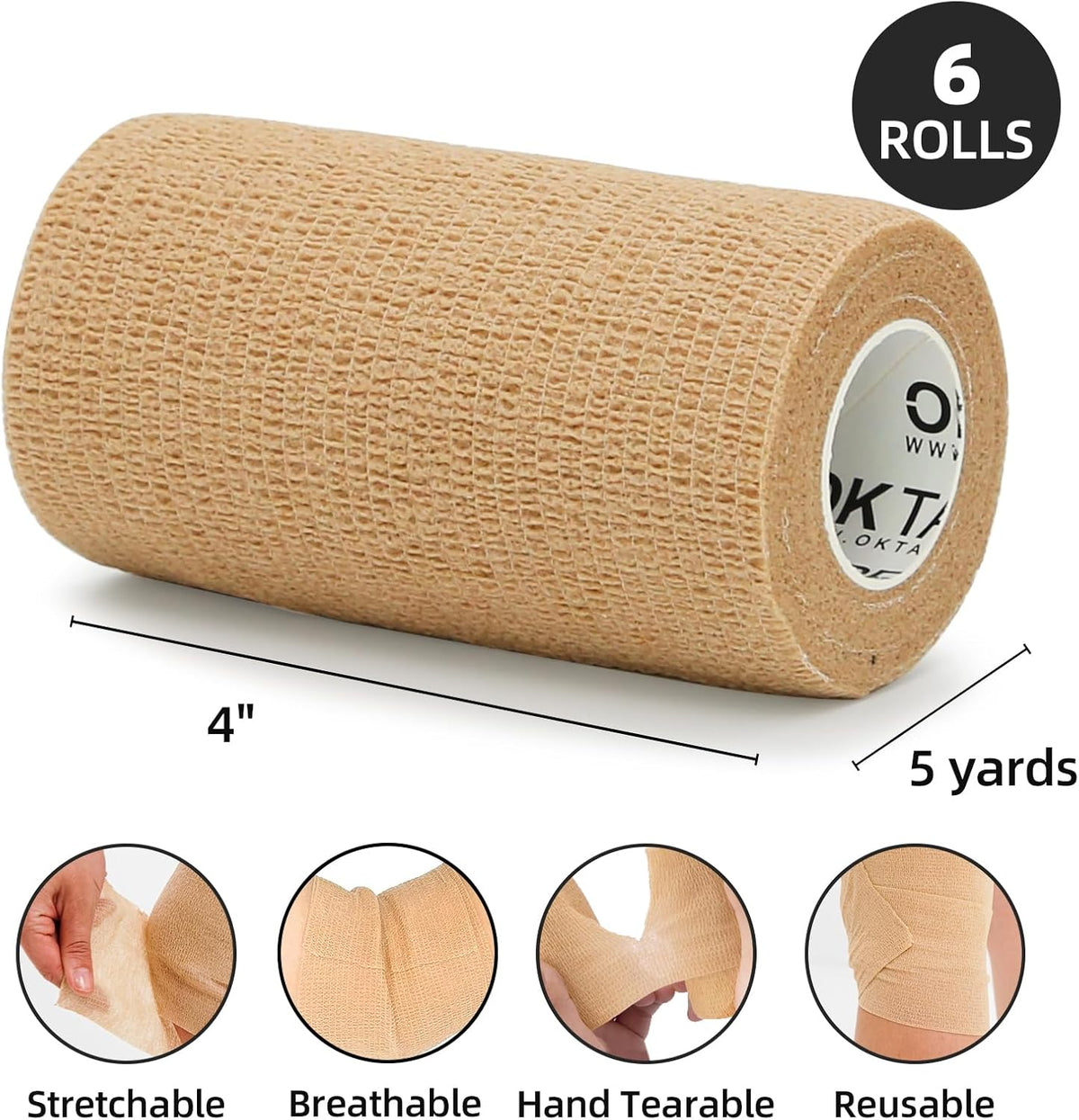 OK TAPE Self Adherent Cohesive Bandages Wrap - 6Packs, 4" x 5 Yards, Non-Woven Self Adhesive