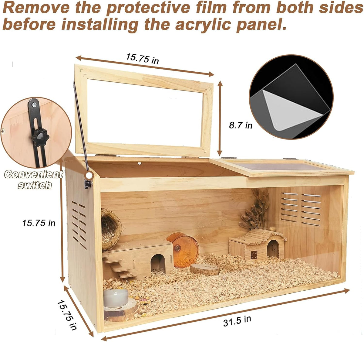 Wooden Hamster Cage,32" Lx16 Wx16 H,Animal Cabinet for Dwarf Syrian Hamsters Degus, Hamster Habitat