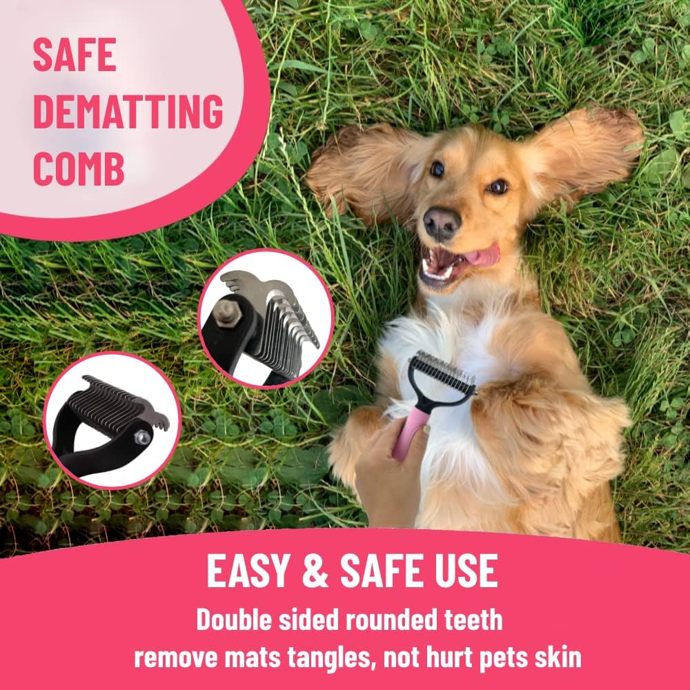 Dog Grooming Kit - Deshedding Brush for Short Hair, Slicker Brush, Flea Comb, Puppy Brush Set in