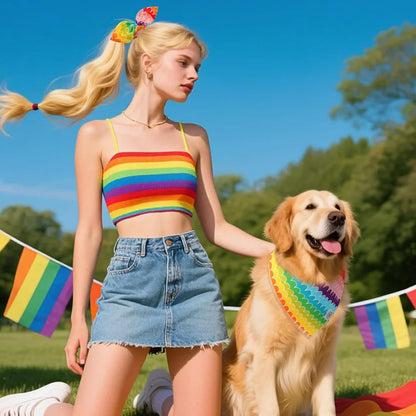 E-Clover Rainbow Dog Bandanas & Matching Scrunchie Set Girl Cute Pride Dog Scarf Bibs Pet Bandana