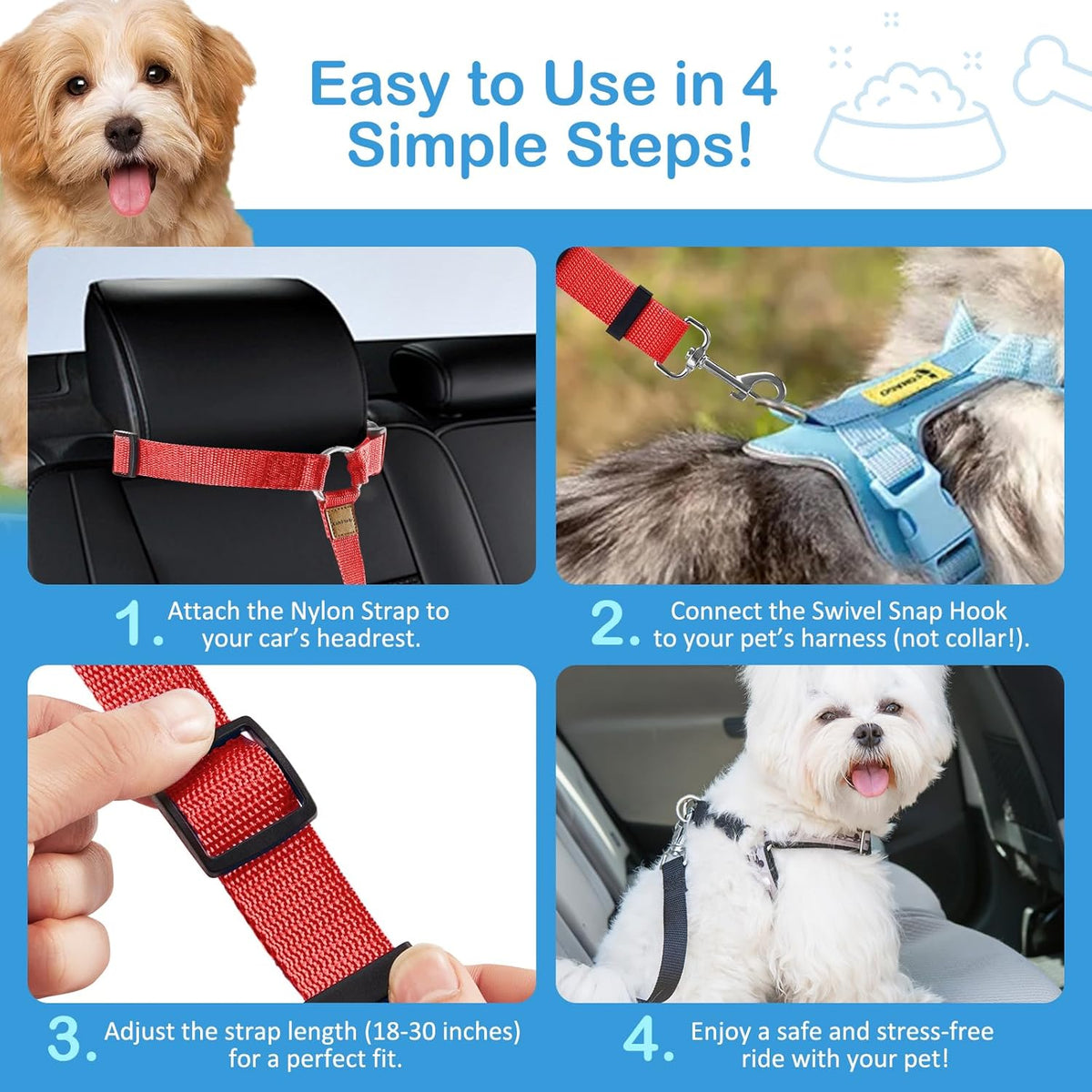3 Pack Dog Seat Belt for Car, Car Headrest Restraint Adjustable Nylon Fabric, Dog Restraints