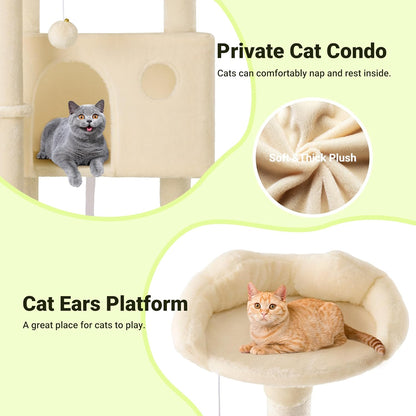 Allewie 64 Inches Cat Tree Tower/Multi-Level Activity Center for Indoor Big Felines/2 Plush