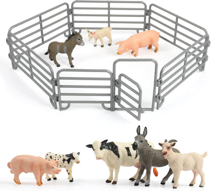 Farm Animal Toys, Realistic Farm Animal Figurines and Fence Playset, Includes Cow Pig Donkey Goat