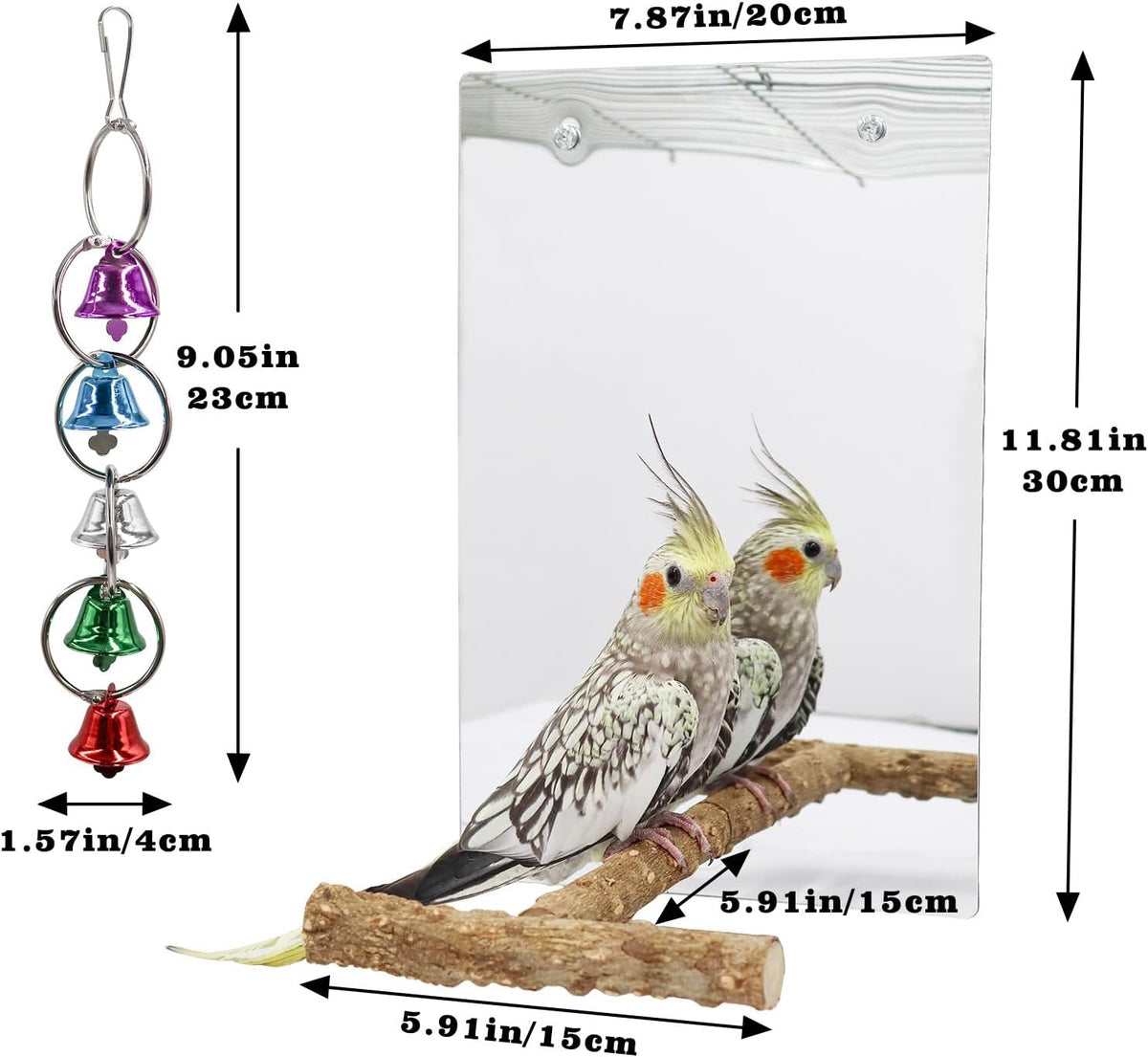 Oooct Large Bird Mirror Toy with Perch Stand, Parrot Parakeet Mirror with Bird Swing Bell Toys