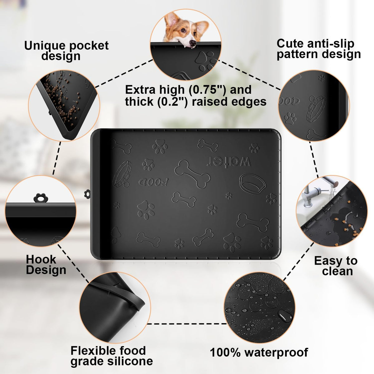 Dog Food Mat - Silicone Dog Mat for Food and Water - 28" x 20" Pet Feeding Mats with Residue