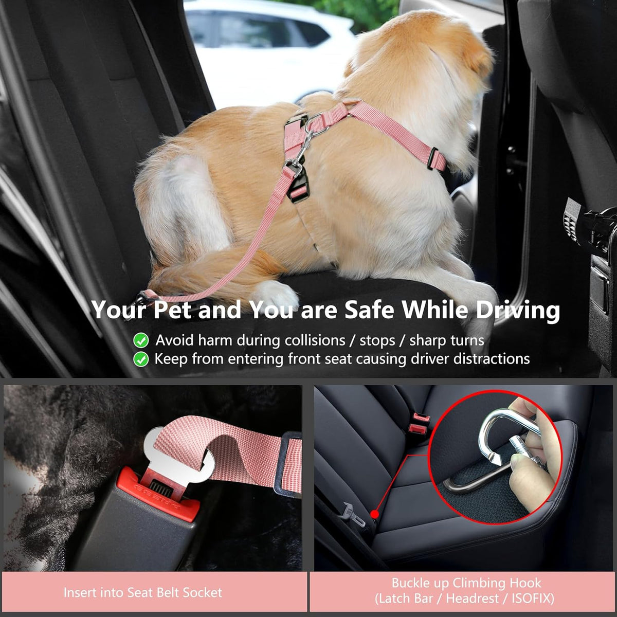Dog Seat Belt, Safety Vest Dog Car Harness with Adjustable Buckle Dog Seat Belt for Vehicle Nylon