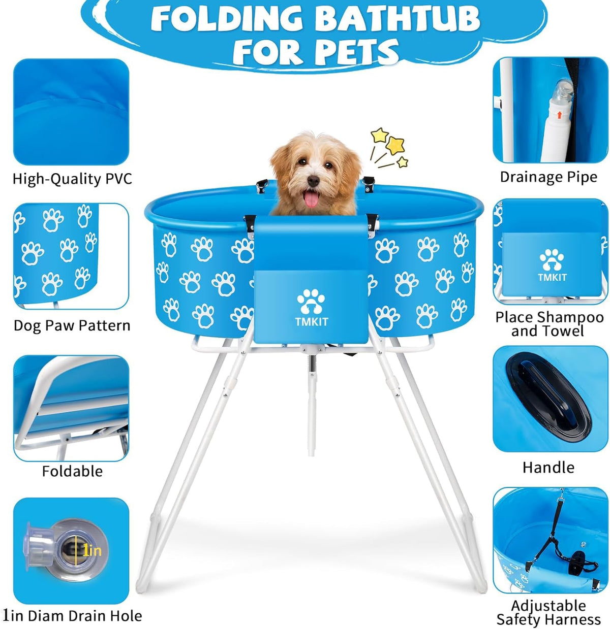 Dog Bathtub, Elevated Dog Bath Tub for Pet Bathing Shower and Grooming. Portable, Foldable with