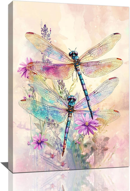 Dragonfly Bathroom Pictures Wall Art, Floral Bathroom Wall Decor, Framed Painting Canvas Artwork