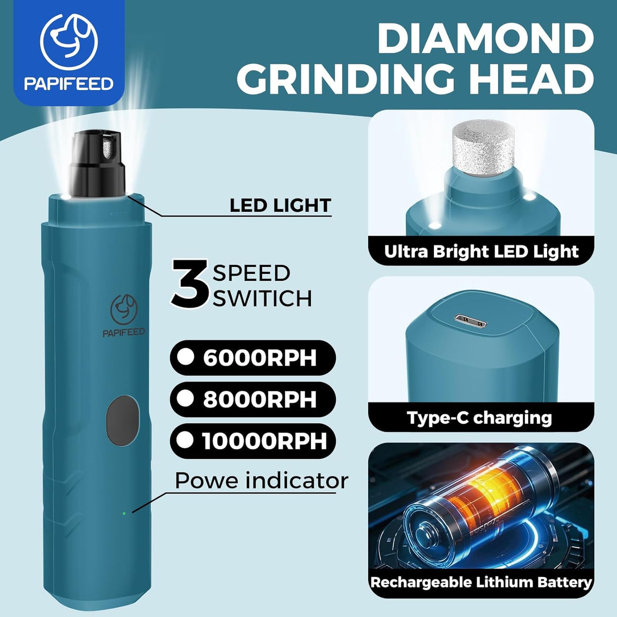 PAPIPAFFEED Dog Nail Grinder Upgraded with 2 LED Lights, 3-Speed Rechargeable & Quiet - Upgraded