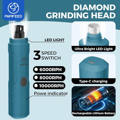 PAPIPAFFEED Dog Nail Grinder Upgraded with 2 LED Lights, 3-Speed Rechargeable & Quiet - Upgraded