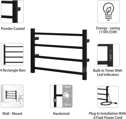 KEG Towel Warmer 4 Bars for Bathroom Wall Mounted Bath Towel Heater Hardwired and Plug-in with