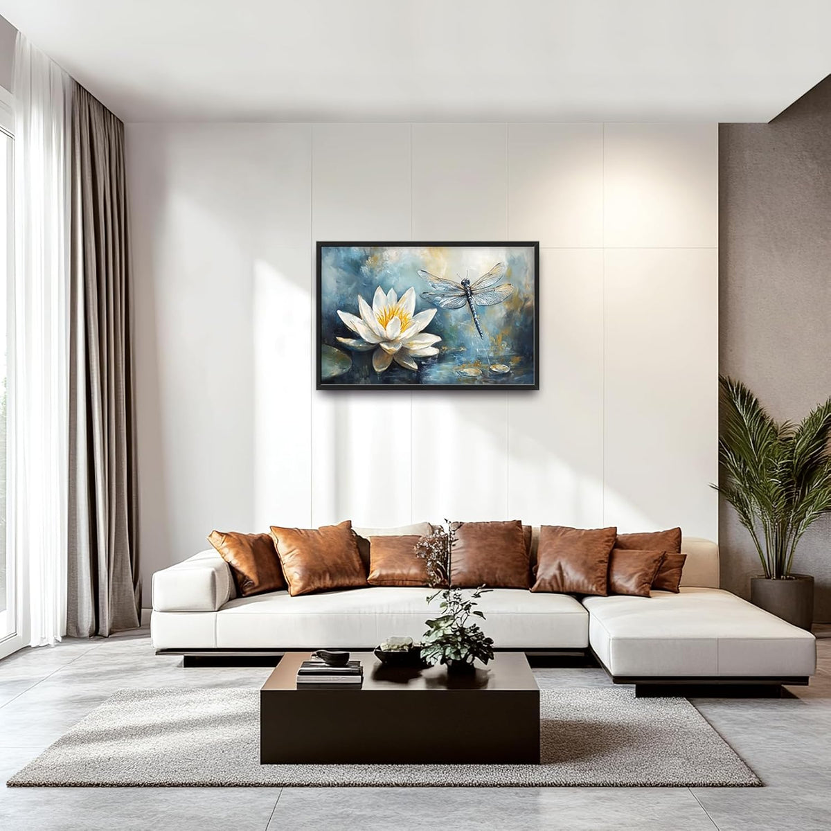 Extra Large Lotus Dragonfly Framed Wall Art for Living Room,Abstract Blue Lotus Flower Lake