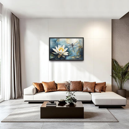 Extra Large Lotus Dragonfly Framed Wall Art for Living Room,Abstract Blue Lotus Flower Lake
