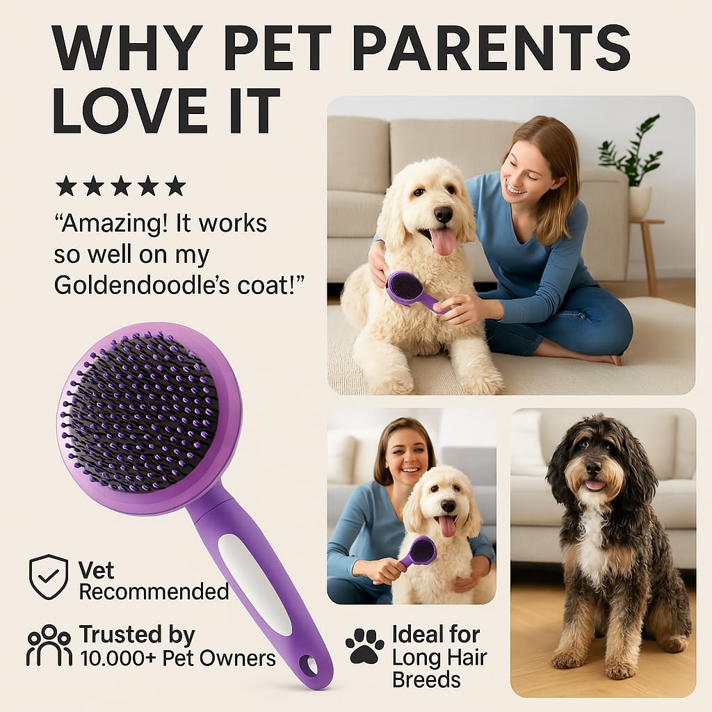 Round Bristle Pet Brush for Dogs and Cats - Soft Dog Brush for Grooming Short or Long Hair - Gentle