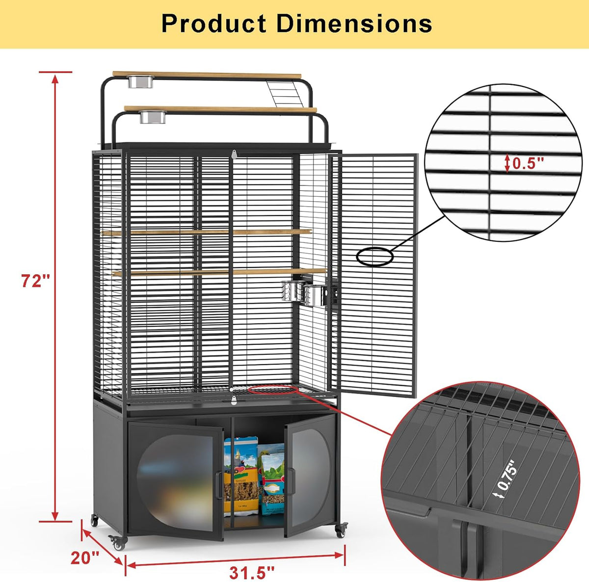 GDLF 72-Inch Bird Cage with Play Top, Parakeet Cage with Rolling Storage Cabinet Extra Large with