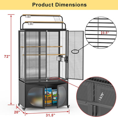 GDLF 72-Inch Bird Cage with Play Top, Parakeet Cage with Rolling Storage Cabinet Extra Large with