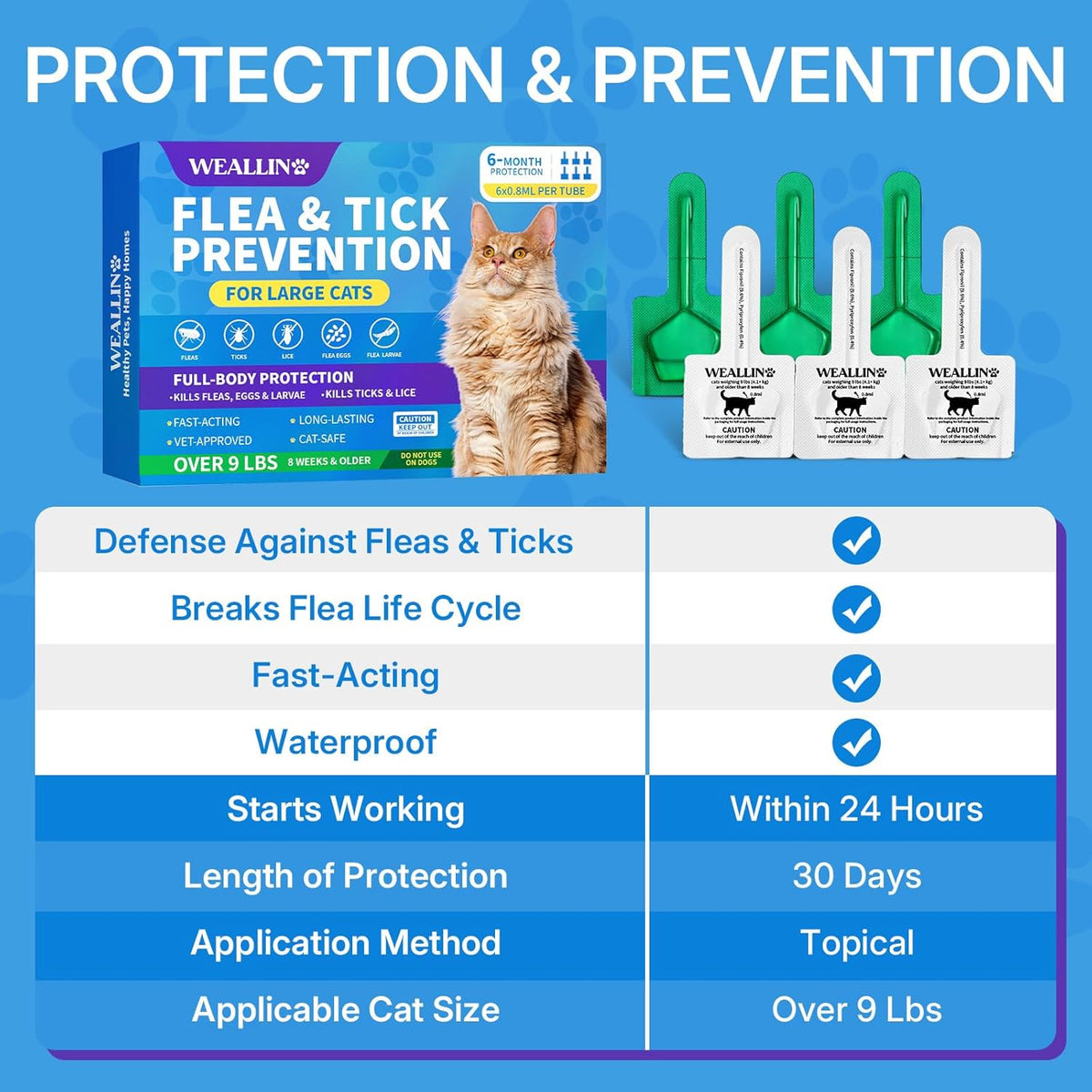 Flea and Tick Prevention for Large Cat, Fleas and Ticks Treatment for Cats Over 9 lbs, Topical Cat