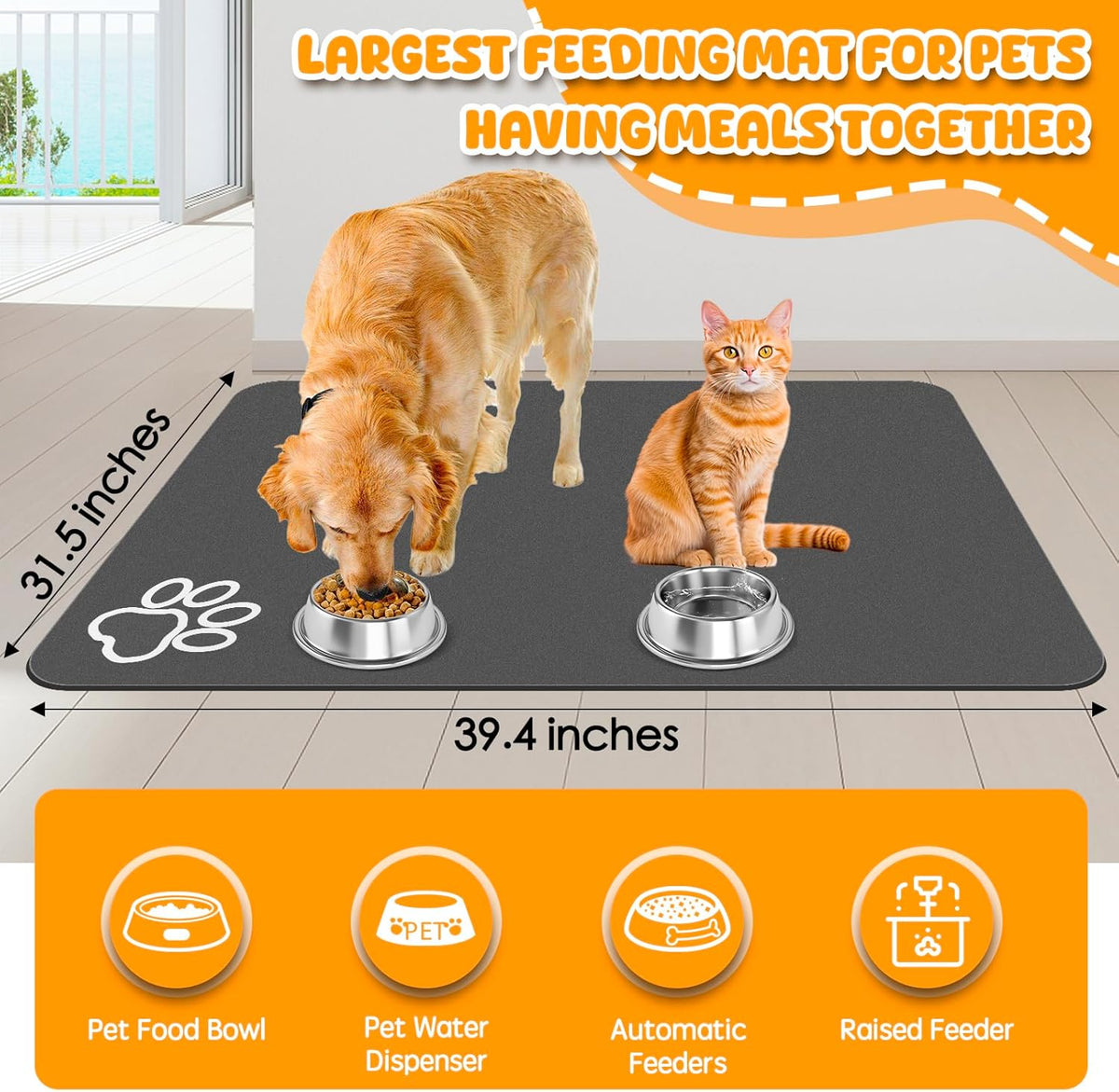 Dog Food Mat, 39.4"x31.5" Largest Absorbent Dog Mat for Food and Water, Non Skid Cat Bowl Mat, No