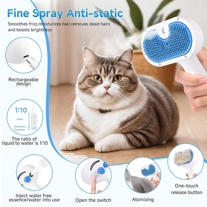 Pet Steam Brush for Dog & Cat - 3-in-1 Steam Grooming Brush for Shedding & Hair Removal - Self