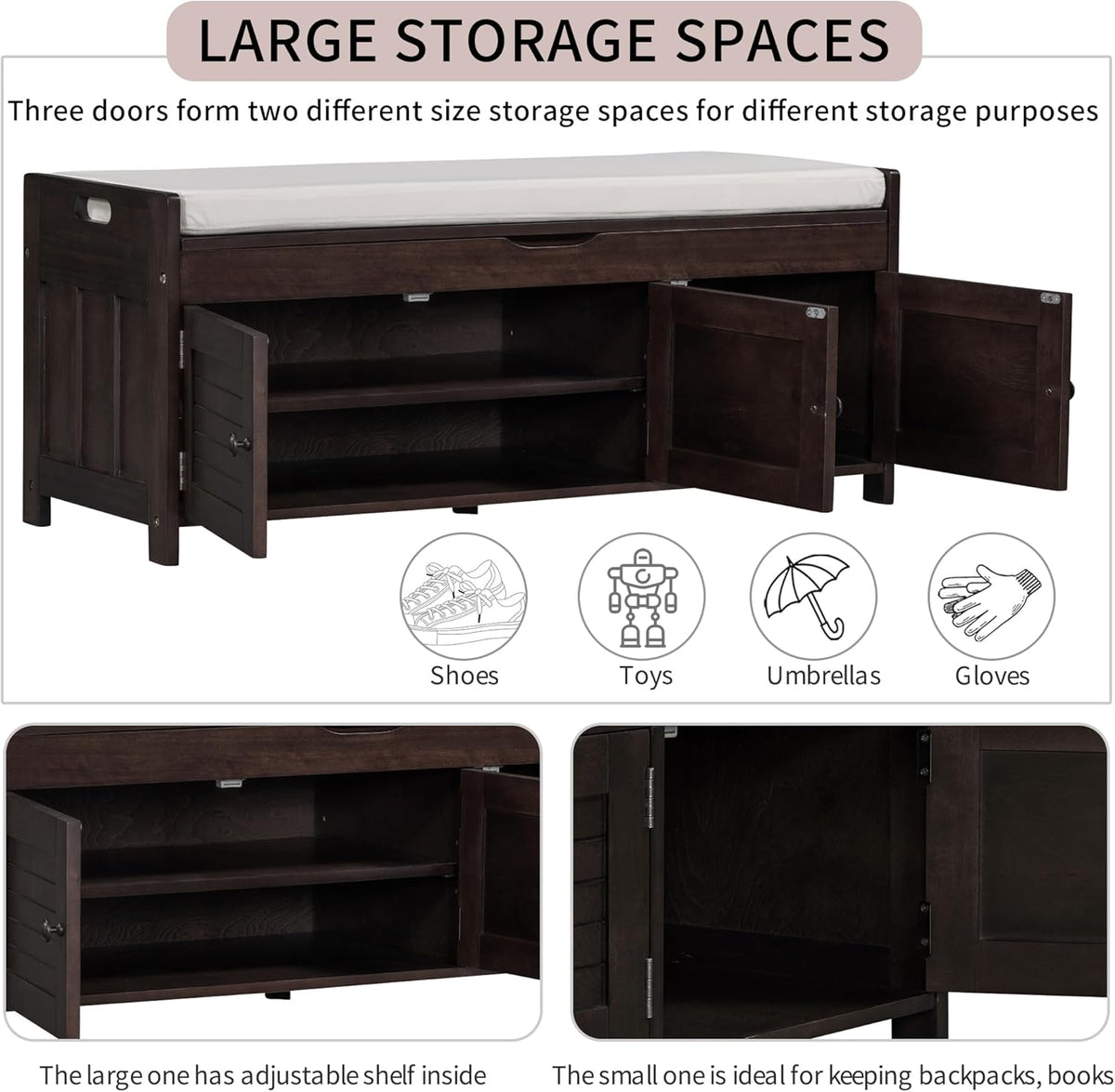 Shoe Storage Bench with 3 Shutter-Shaped Doors, Pine Wood Shoe Bench with Removable Cushion and