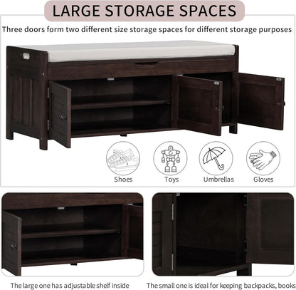 Shoe Storage Bench with 3 Shutter-Shaped Doors, Pine Wood Shoe Bench with Removable Cushion and