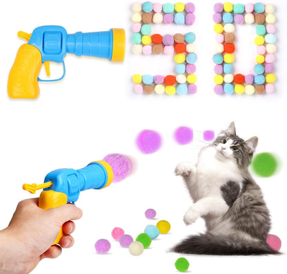 50Pcs Cat Toys Pom Pom Balls with 1 Launcher Set, Interactive Cat Toy Stuff for Indoor Both Adult &