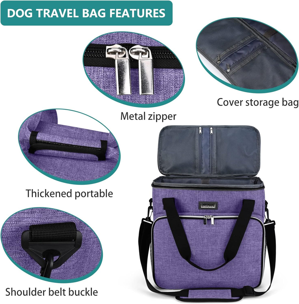 BAGLHER Dog Travel Bag, Pet Travel Bag (ALL Pet Travel Supplies), With 2 Pet Food Containers and 2