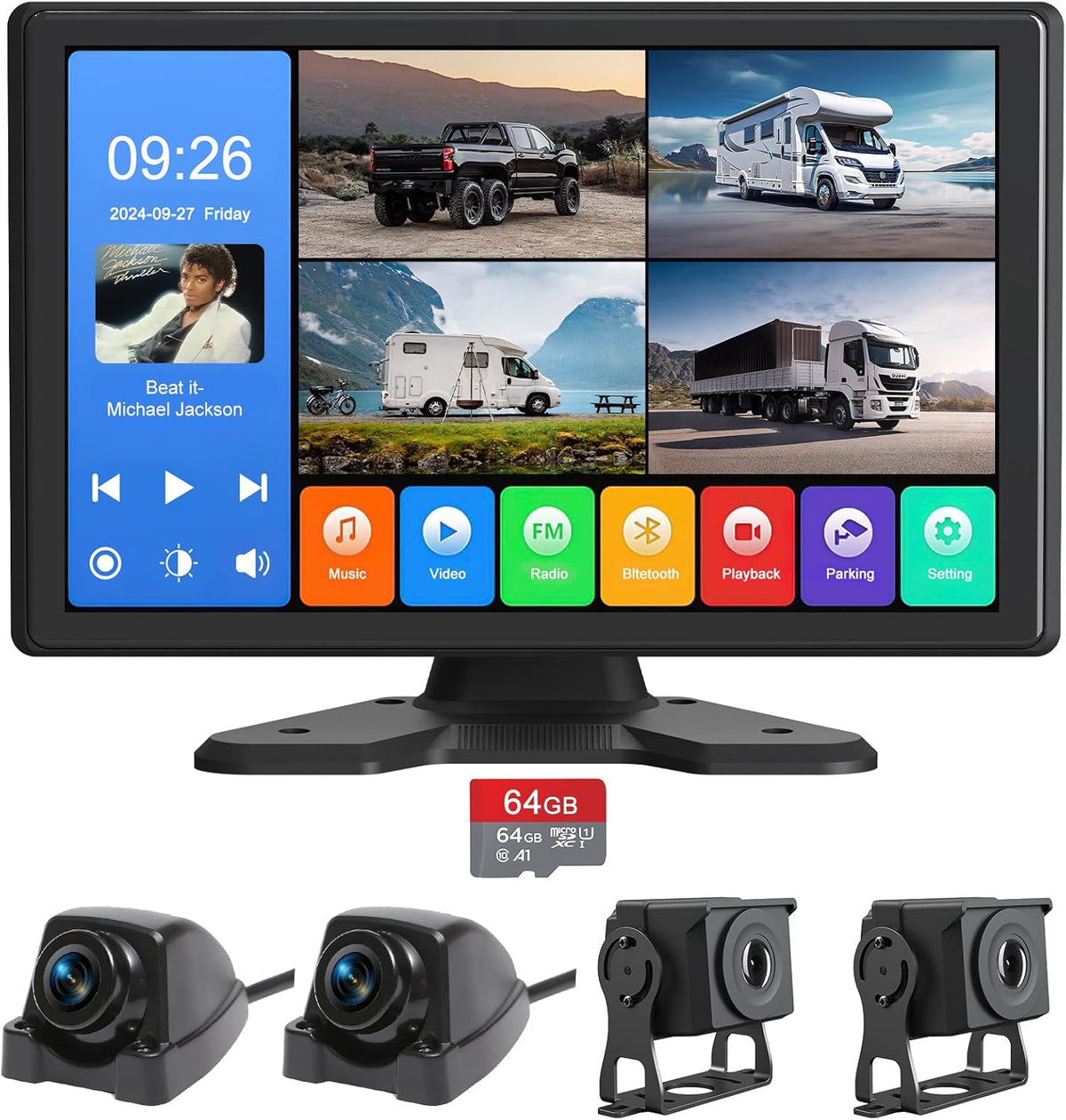 4 Channel Backup Camera System,Touchable 10.26 inch Monitor with DVR Stereo, 64GB Card, IP69