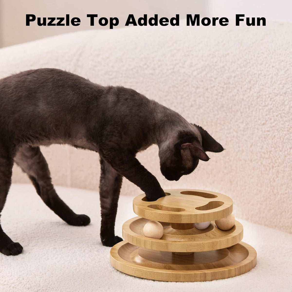 Cat Ball Track Toy with Puzzle Top, Wooden Cat Toys for Indoor Cats with Spinning Balls