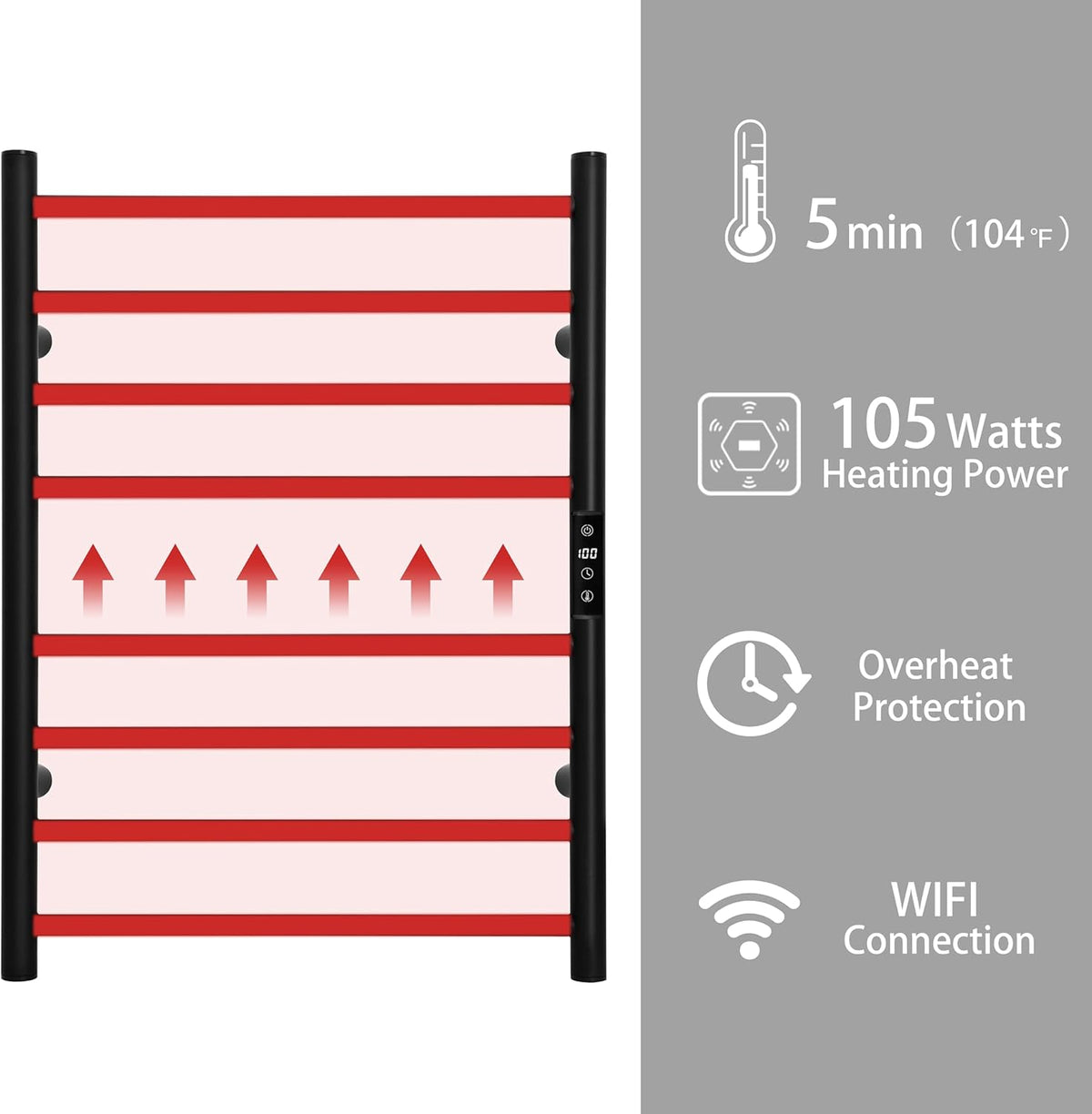 KEG Smart WiFi Towel Warmer Wall Mounted with Built-in Timer and Temperature Adjust Control, 8 Bars
