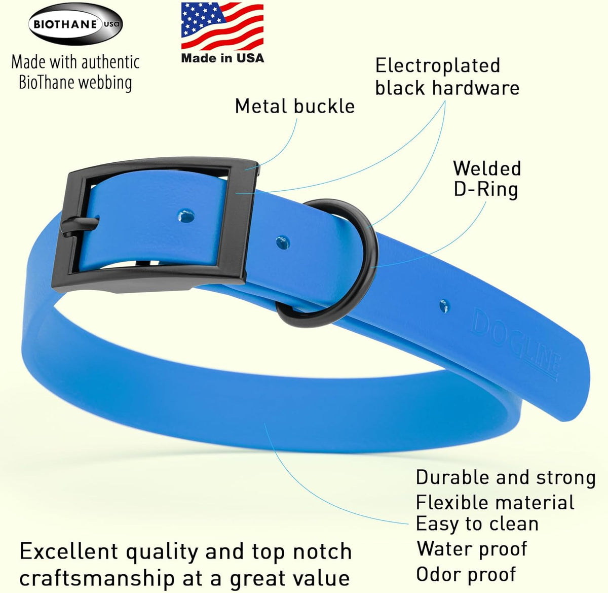 Dogline Biothane Waterproof Dog Collar Strong Coated Nylon Webbing with Black Hardware Odor- Proof