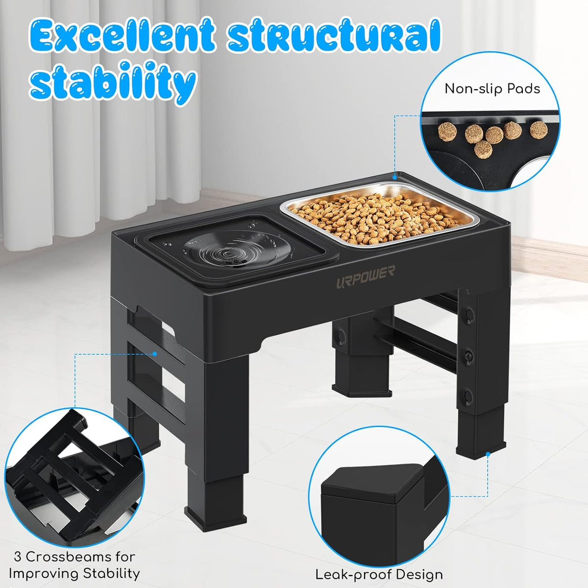 URPOWER 2-in-1 Elevated Dog Bowls 4 Height Adjustable Raised Dog Bowls with No Spill Water Bowl and