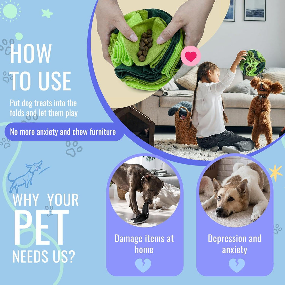 Pet Snuffle Ball, Puzzle Sniffing Interactive Dog Ball for Blind Dogs Training Stress Relief Dog