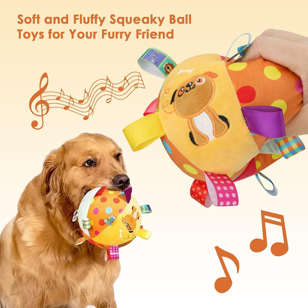 Dog Squeaky Plush Toy with Straps, 6-Inch Soft Stuffed Ball with Cotton Material and Bell Built-in