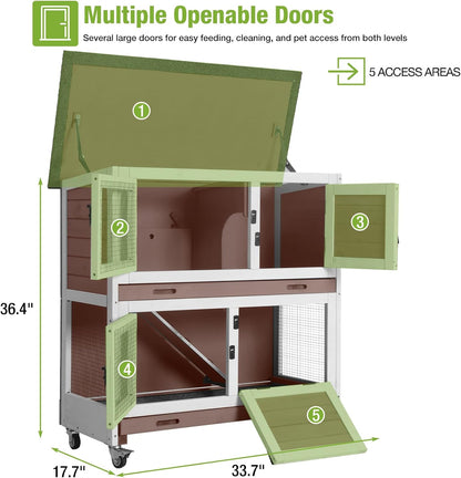 GUTINNEEN Rabbit Hutch Indoor Mobile Outdoor Bunny Cage with Openable Middle Door, Two Story Guinea