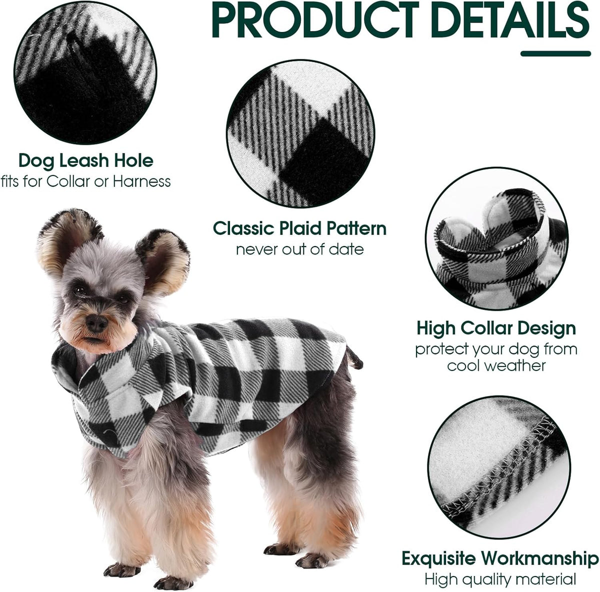 Kuoser Dog Fleece Vest,Warm Plaid Dog Sweater with Leash Hole,Soft Turtleneck Winter Pet Jacket