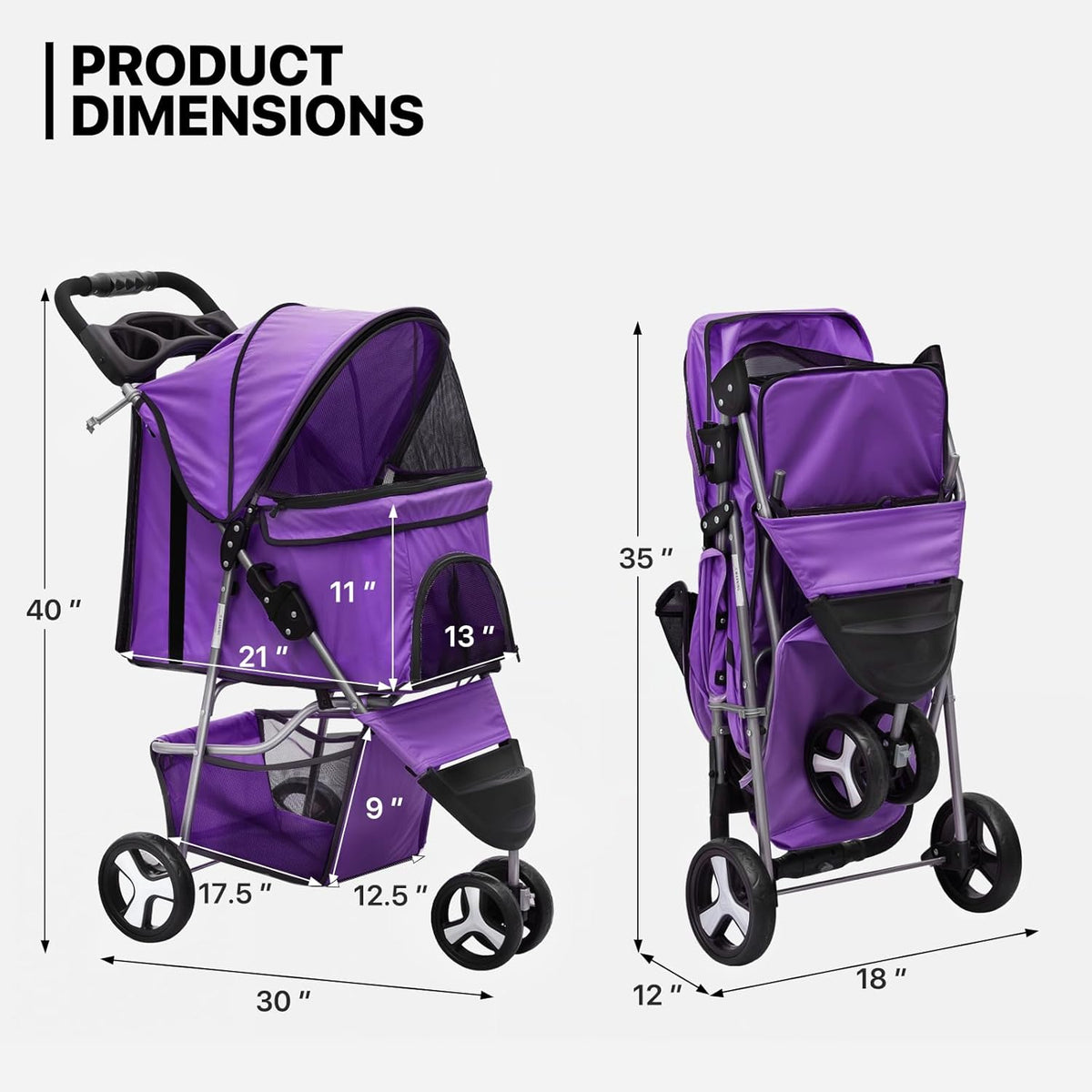 MoNiBloom 3 Wheels Pet Dog Cat Stroller for Small Medium Dogs Cats, Lightweight Foldable Jogger