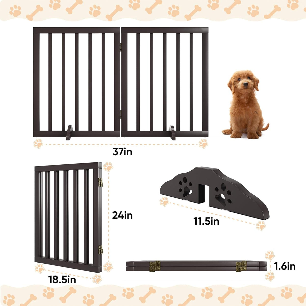 Freestanding Foldable Dog Gate 2 Panel,Fully Assembled Dog Gates for Doorways, Wooden Pet Gates for