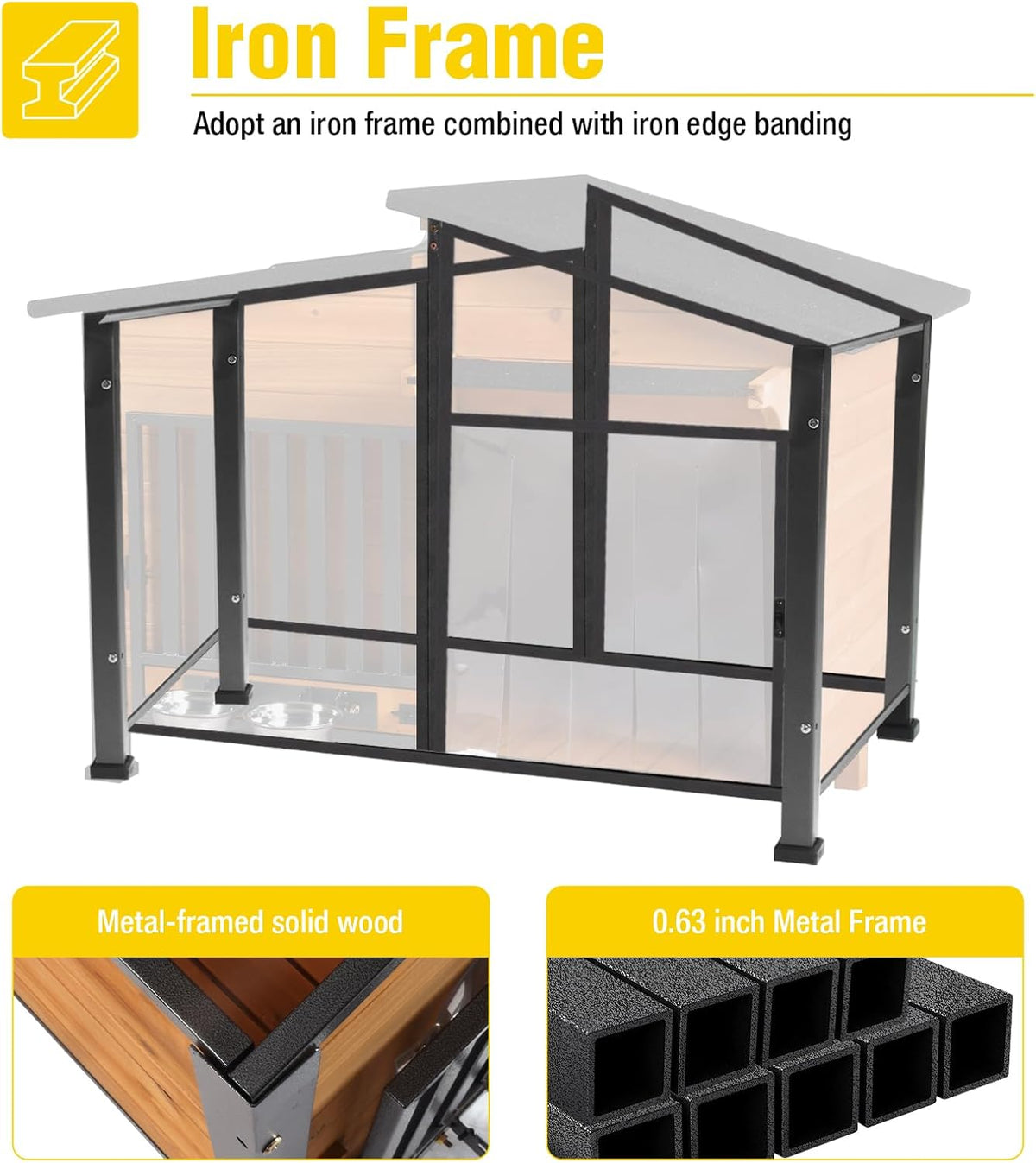 Chew-Resistant Dog House with Metal Frame, Wooden Kennel for Indoor & Outdoor Use, Waterproof Roof