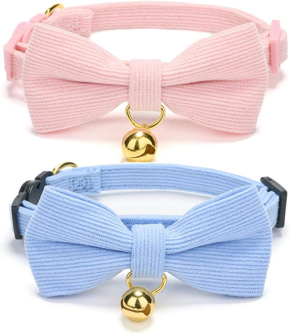 2 Pack Soft Corduroy Cat Collars with Bow Tie & Bell, Adjustable Breakaway Cotton Kitty Bowtie