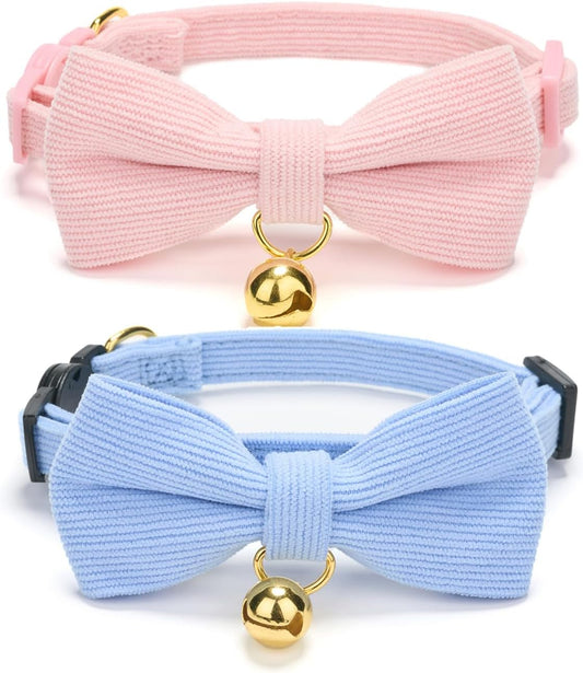 2 Pack Soft Corduroy Cat Collars with Bow Tie & Bell, Adjustable Breakaway Cotton Kitty Bowtie