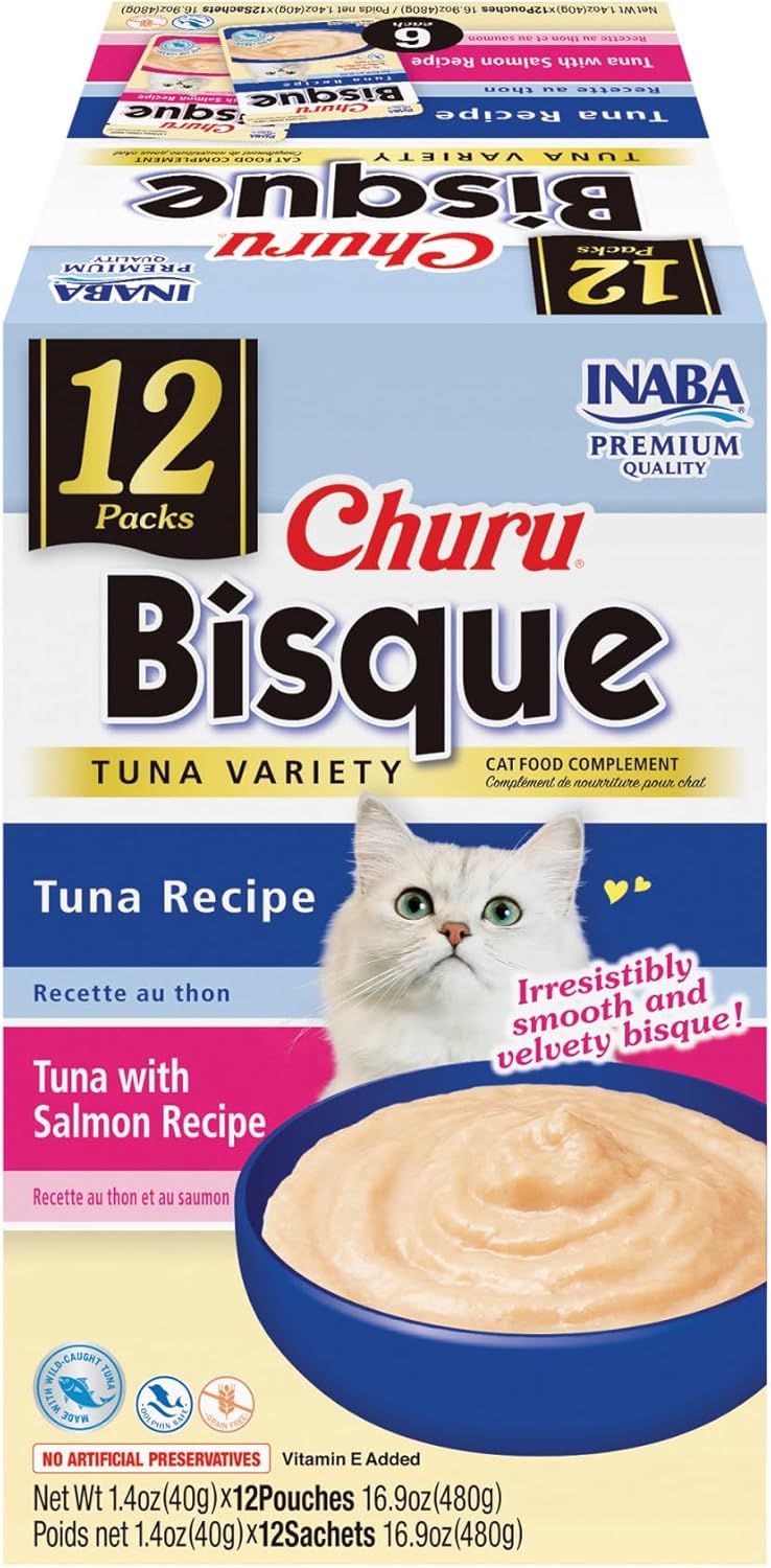 INABA Churu Bisque for Cats, Creamy Lickable Purée Side Dish with Vitamin E, 1.4 Ounces per Pouch