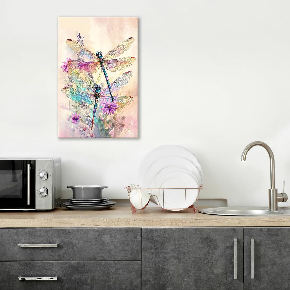 Dragonfly Bathroom Pictures Wall Art, Floral Bathroom Wall Decor, Framed Painting Canvas Artwork