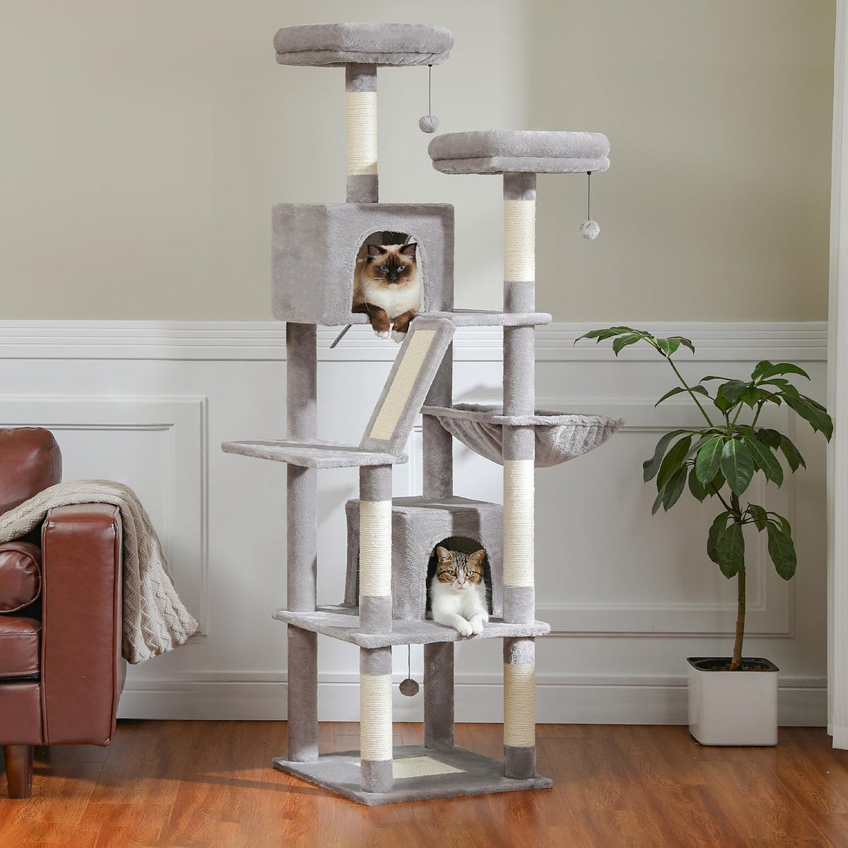 PAWZ Road 70 Inch Cat Tower, Tall Cat Tree with 2 Cozy Condos, 2 Plush Perch, Large Basket, 2